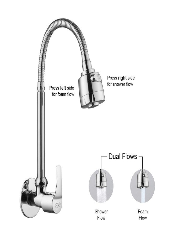 SPAZIO صنبور حوض المطبخ/حوض الغسيل من SPAZIO Topaz Brass، مزود بفوهة دوارة مرنة من الفولاذ المقاوم للصدأ بزاوية 360 درجة ونمط تدفق مزدوج، للماء الساخن أو البارد، مناسب لأحواض المطبخ وأحواض الغسيل، بلمسة نهائية من الكروم مع حافة جدارية. - Image 4